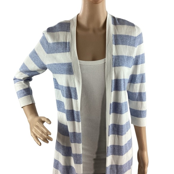 Talbots Petite Open Front Striped Duster Cardigan Blue White Size SP - Picture 2 of 7